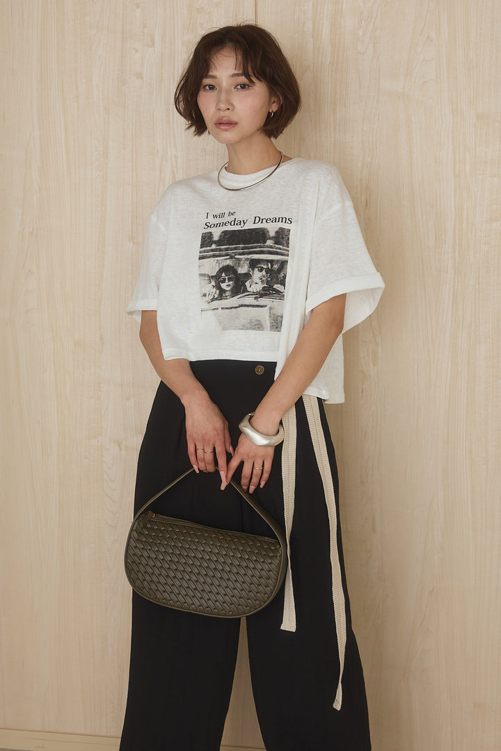 [SET]グラフィックサムデイワイドクロップドT+異素材ベルト付きラップ風ニュアンスワイドパンツ(2set)