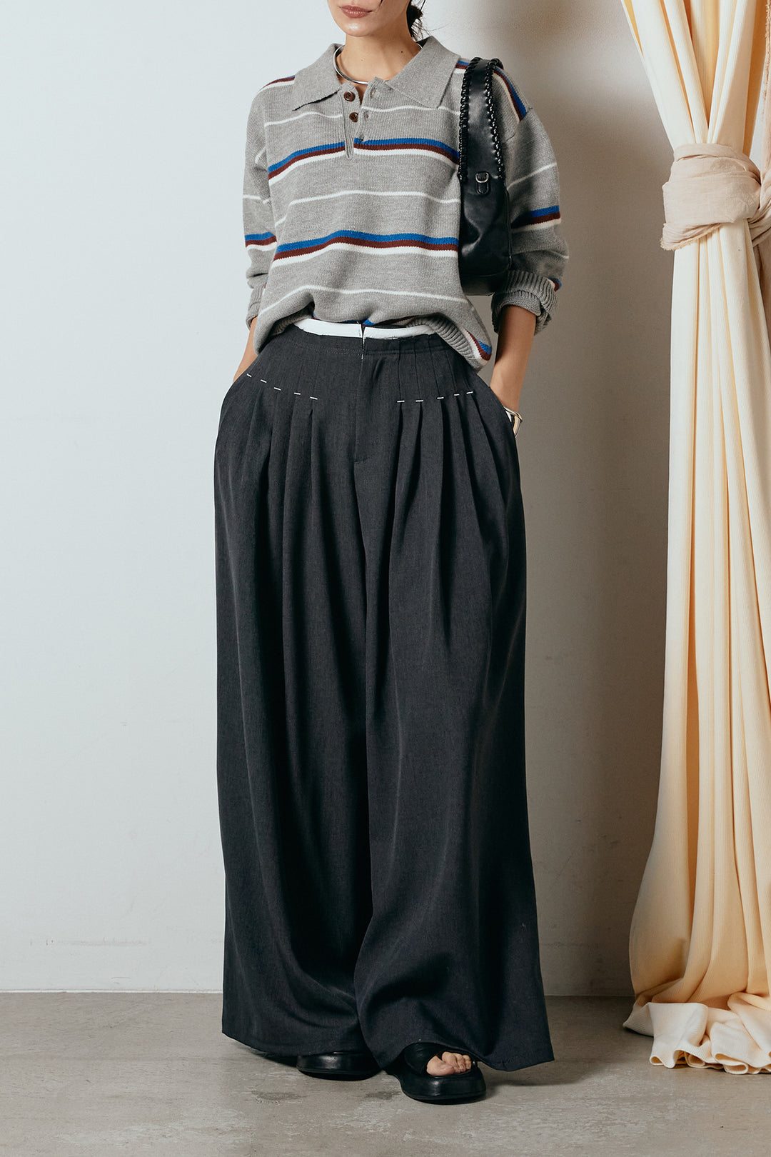 [SET]襟付きマルチボーダーニットポロトップス+ウエストステッチデザインワイドスラックス(2set)