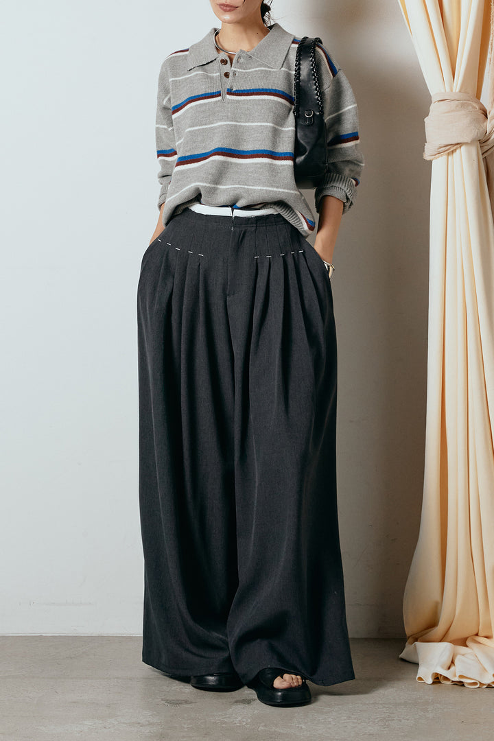 [SET]襟付きマルチボーダーニットポロトップス+ウエストステッチデザインワイドスラックス(2set)