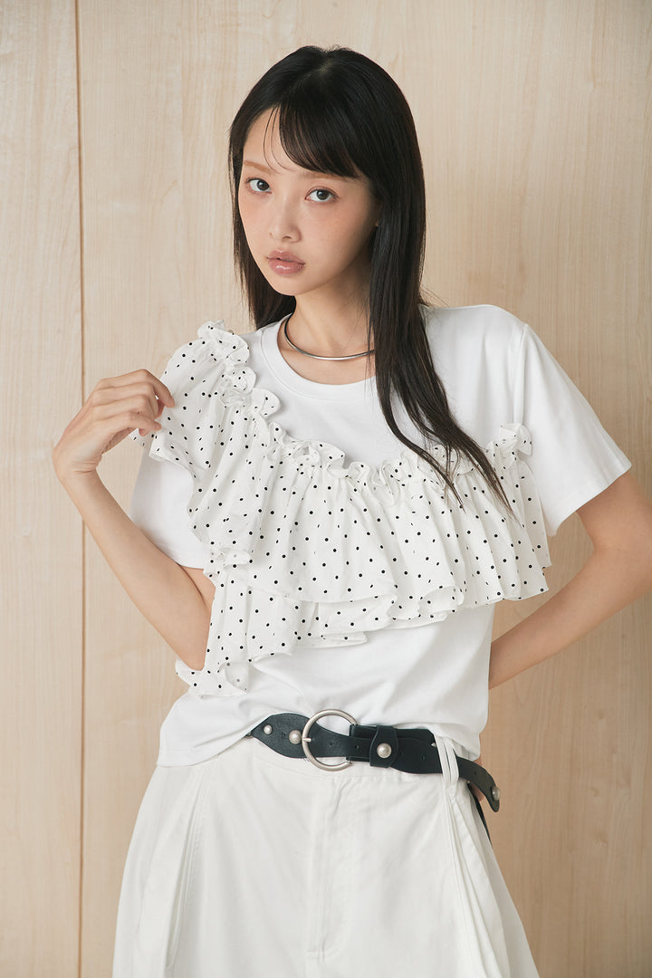 [SET]ドットアシメフリルデザインTシャツ+サークルバックルベルト付きタックワイドパンツ(2set)