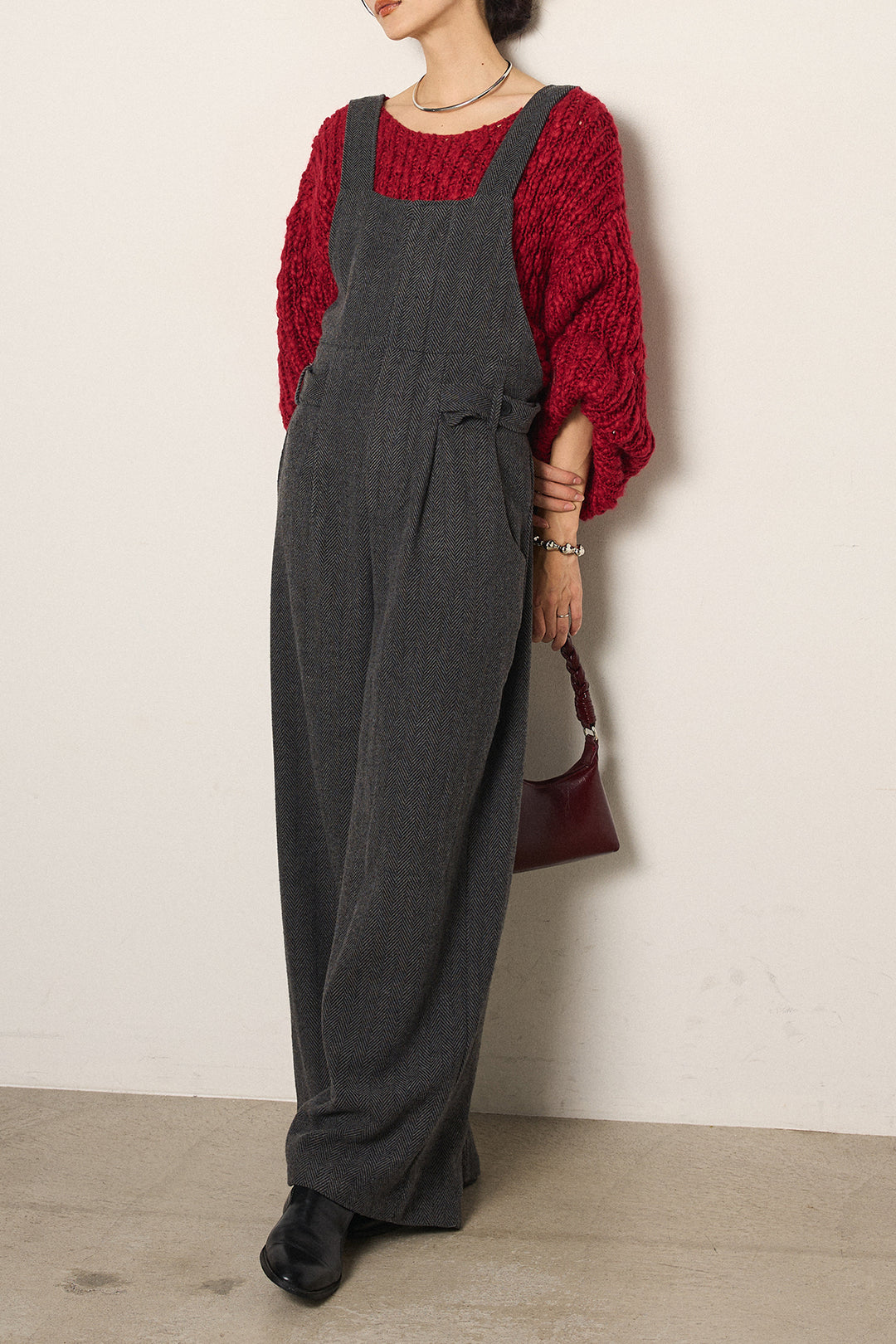 [SET]チャンキースラブニットクロップドプルオーバー+クラシックヘリンボーンサロペット(2set)