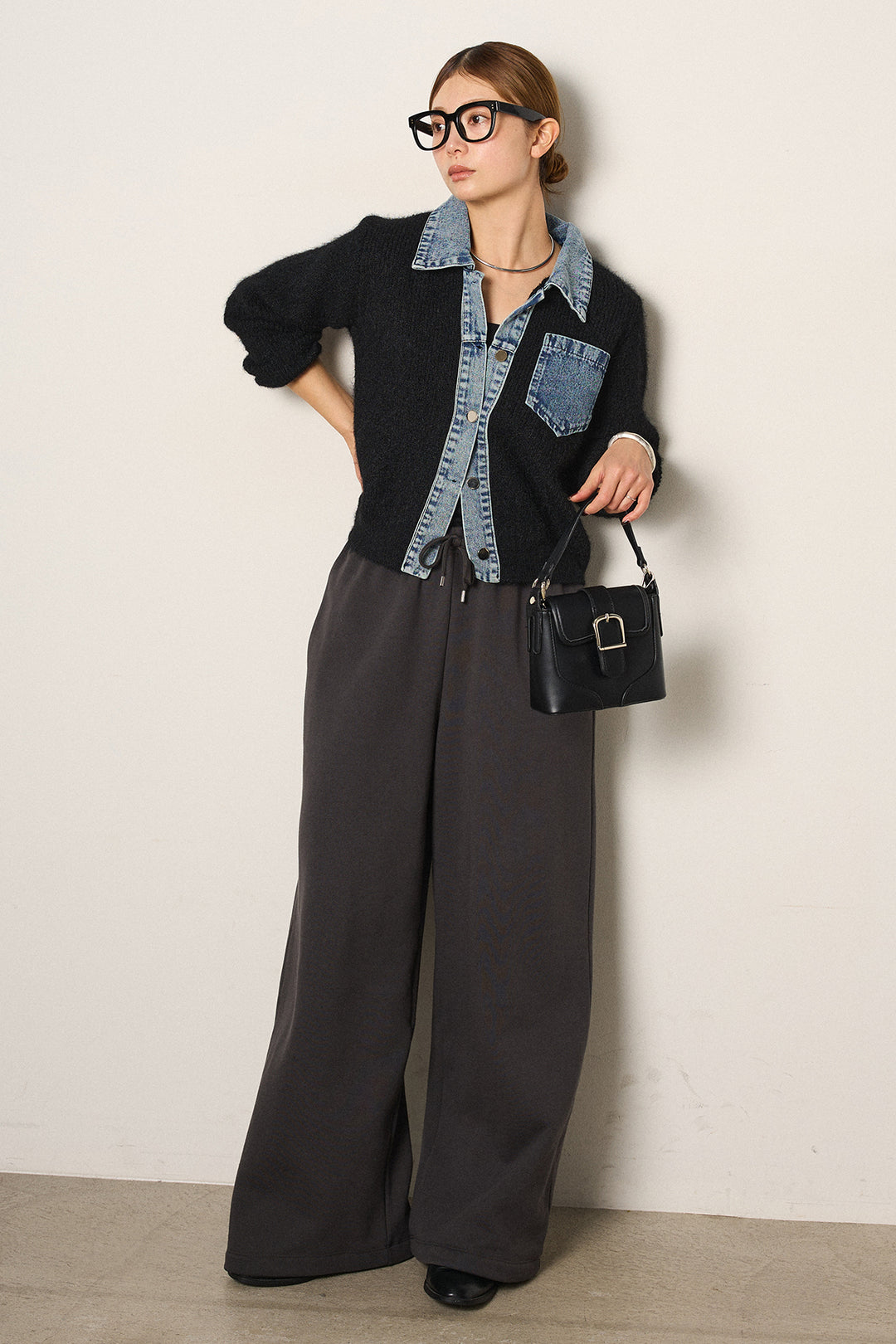 [SET]襟付きデニム切替ニットカーディガン+裏起毛スウェットワイドパンツ(2set)