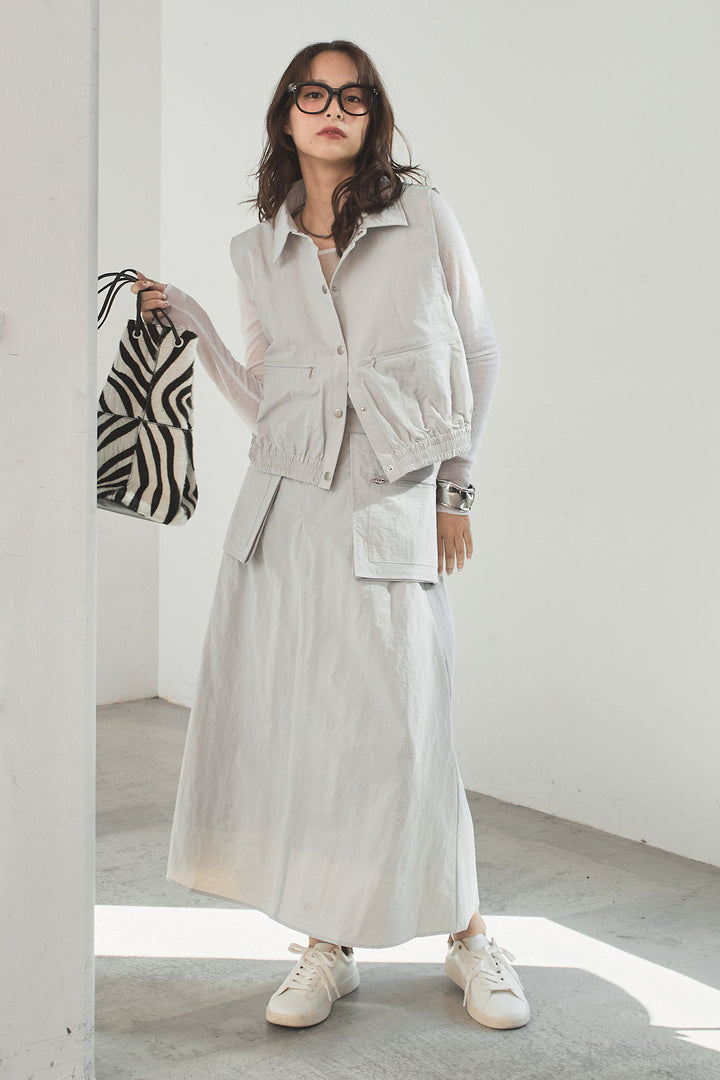 [SET]襟付きナイロンベスト+サイドデザインナイロンスカート+リブシアークルーネック長袖トップス(3set)