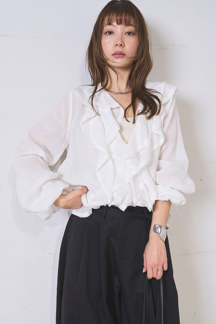 [SET]フリルボタンブラウス+紐ベルト付きカーブワイドパンツ(2set)