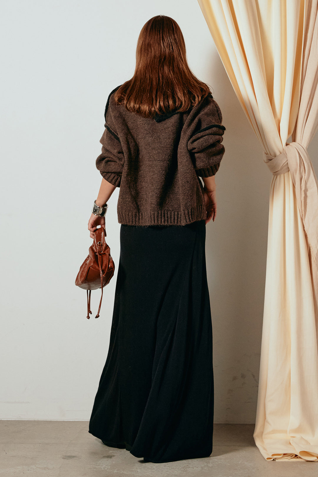 [SET]ハイネックジップデザインニットトップス+サイド切り替えリブニットロングスカート(2set)