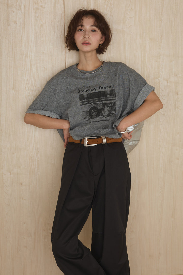 [SET]グラフィックサムデイワイドクロップドT+ニーサイドタックウエストドロストパンツ(2set)