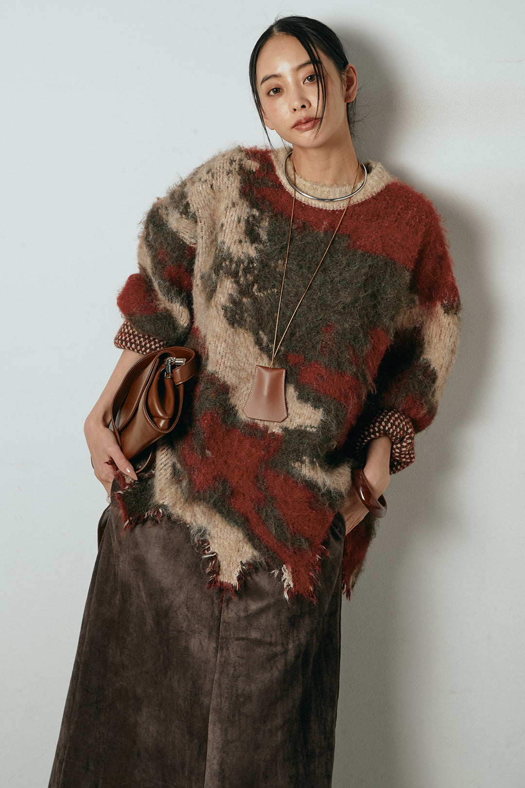 [SET]起毛裾デザインニュアンス柄ニットトップス+エコスウェードワイドスカート(2set)