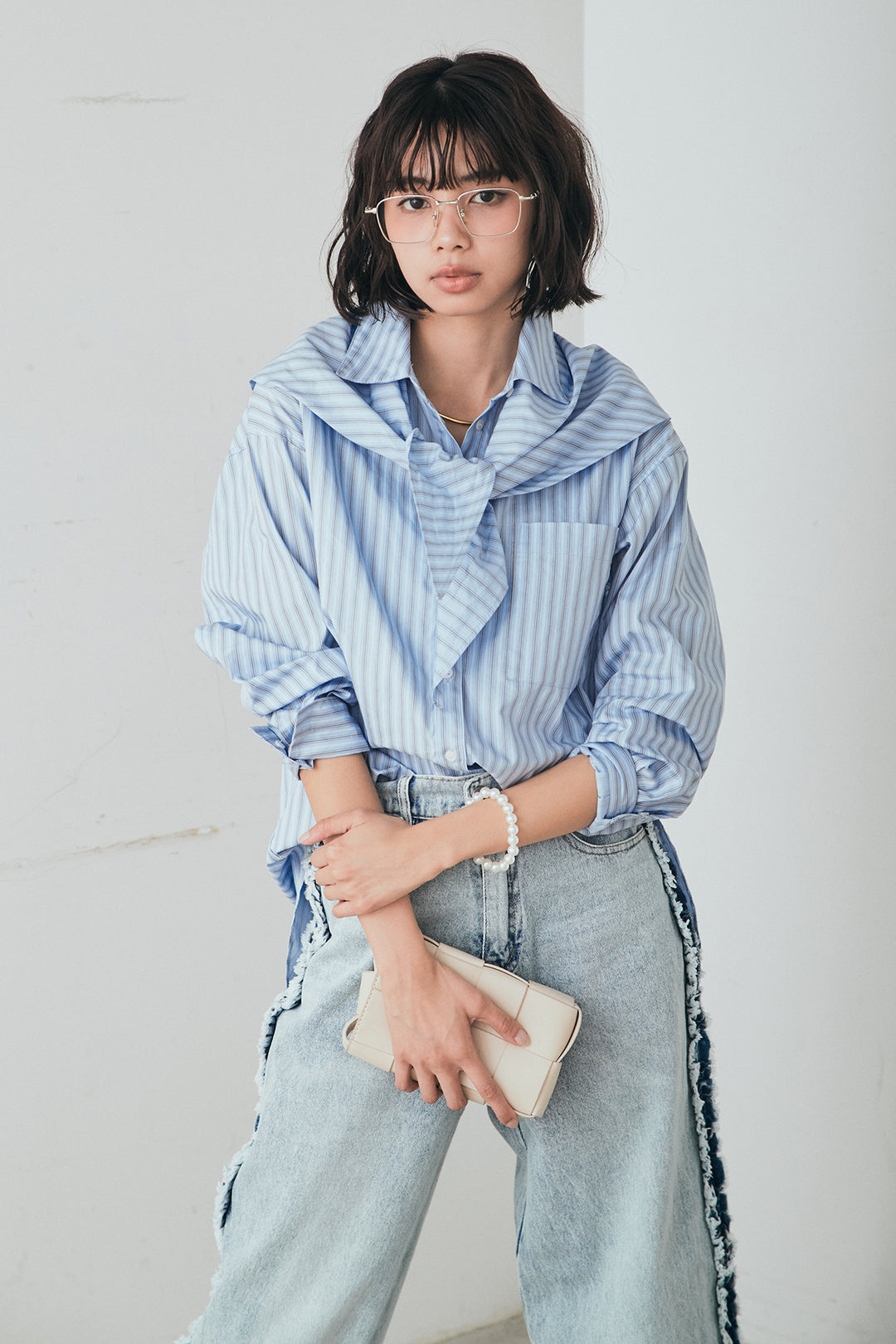 [SET]ランダムストライプスカーフ付きシャツ+デニムサイドフリルパンツ(2set)