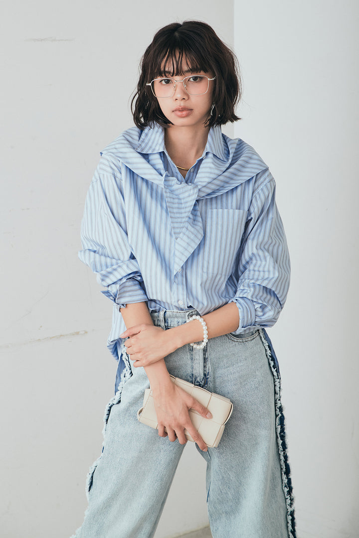 [SET]ランダムストライプスカーフ付きシャツ+デニムサイドフリルパンツ(2set)