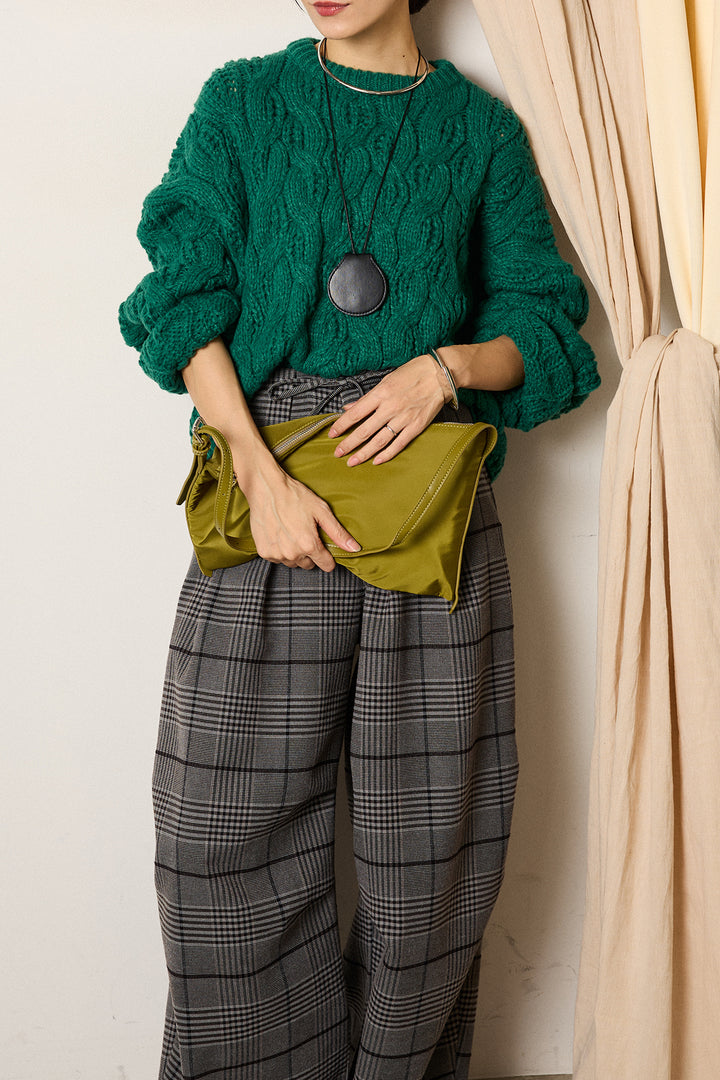 [SET]ケーブルリラックスショートニット+グレンチェックルーズタックパンツ(2set)