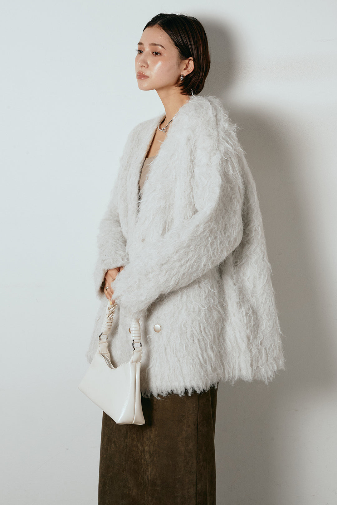 [SET]ウェーブシャギーニットジャケット+スウェードライク裾フリンジスカート(2set)