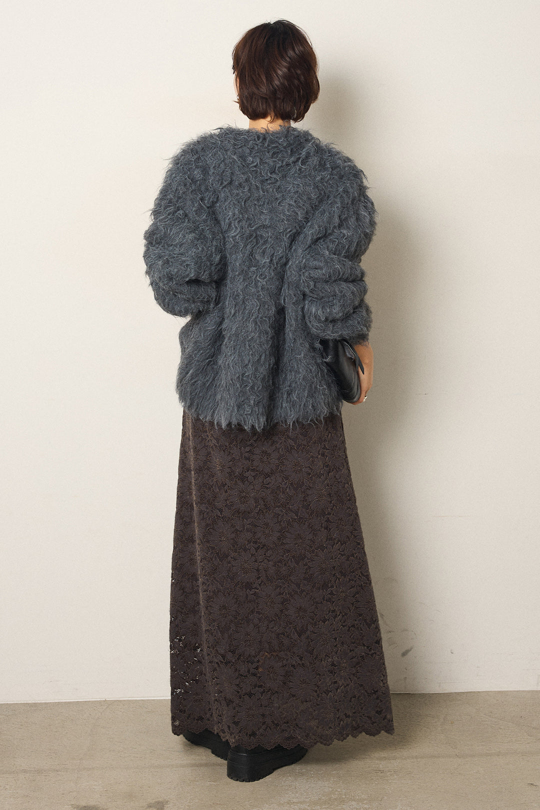 [SET]起毛シャギーニットカーディガン+花柄刺繍ベロアフレアスカート(2set)