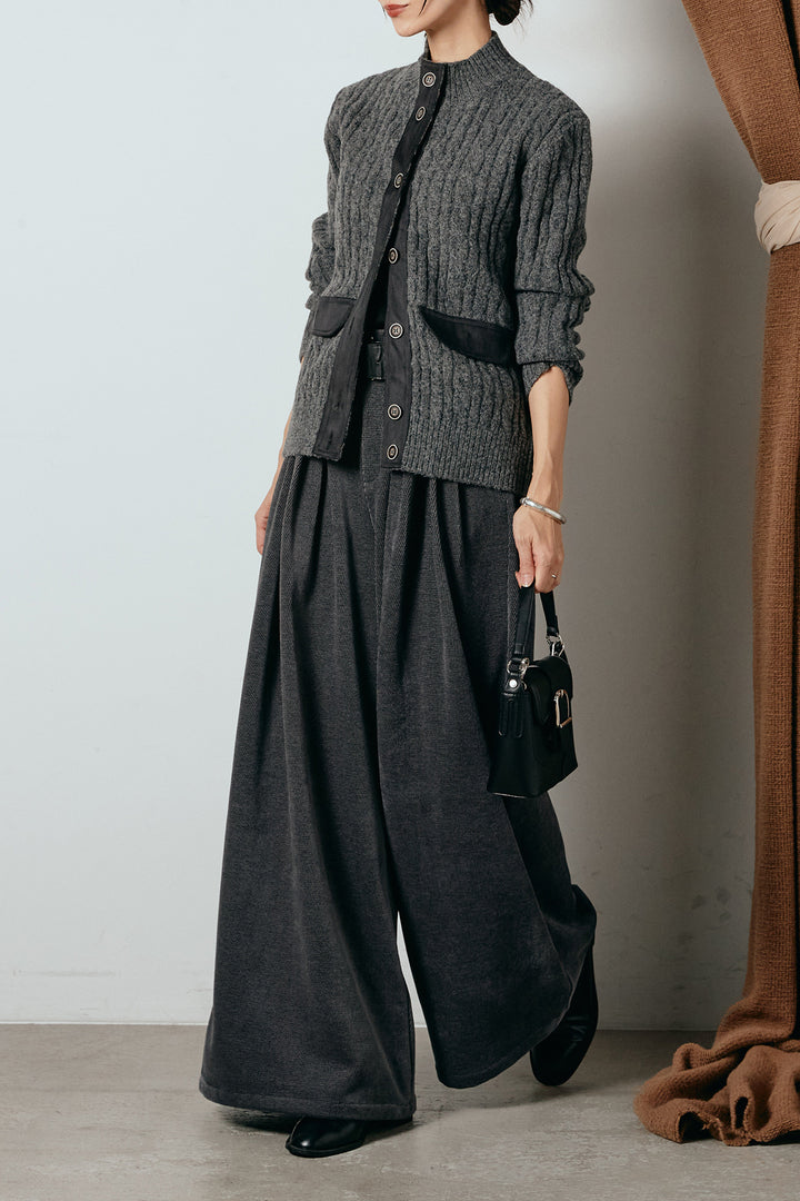 [SET]ボトルネックケーブルニットカーディガン+ベルトループコーデュロイワイドパンツ(2set)