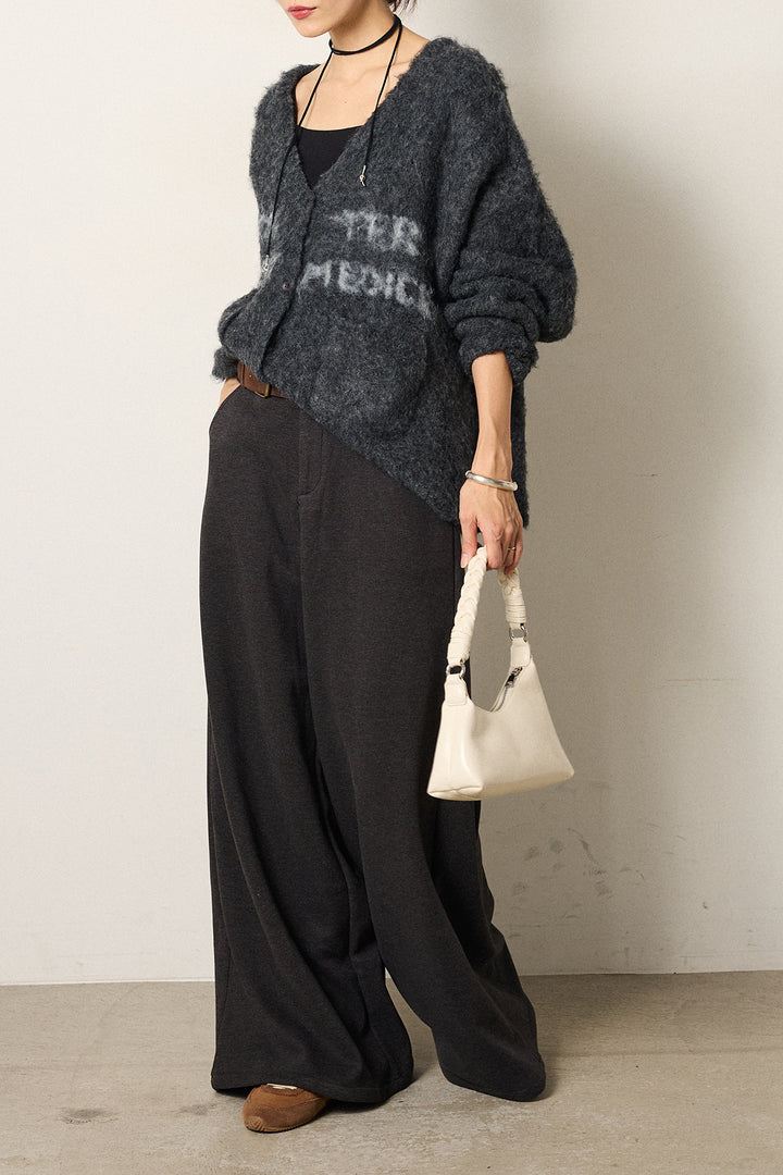 [SET]ウール混透かしロゴニットカーディガン+サイドベルトパンツ(2set)