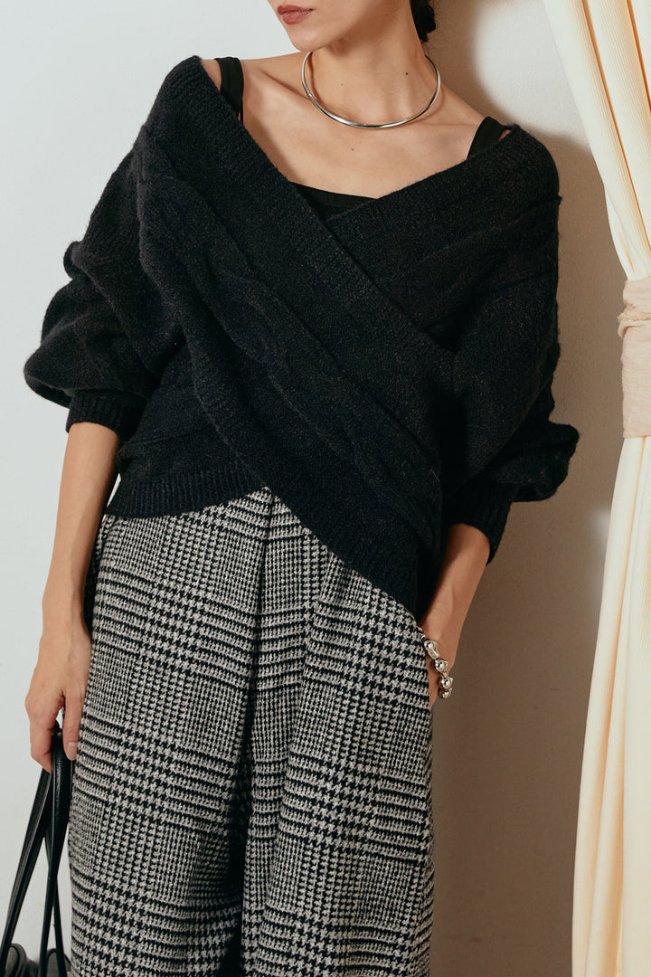 [SET]ケーブルカシュクールニットトップス+前後2wayグレンチェック柄スカーチョサロペット(2set)