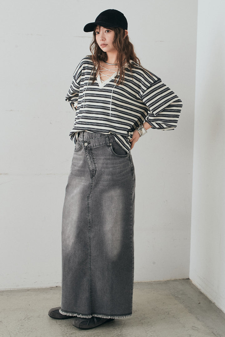 [SET]レースアップワッフルボーダートップス+ウエストクロスデニムタイトスカート(2set)