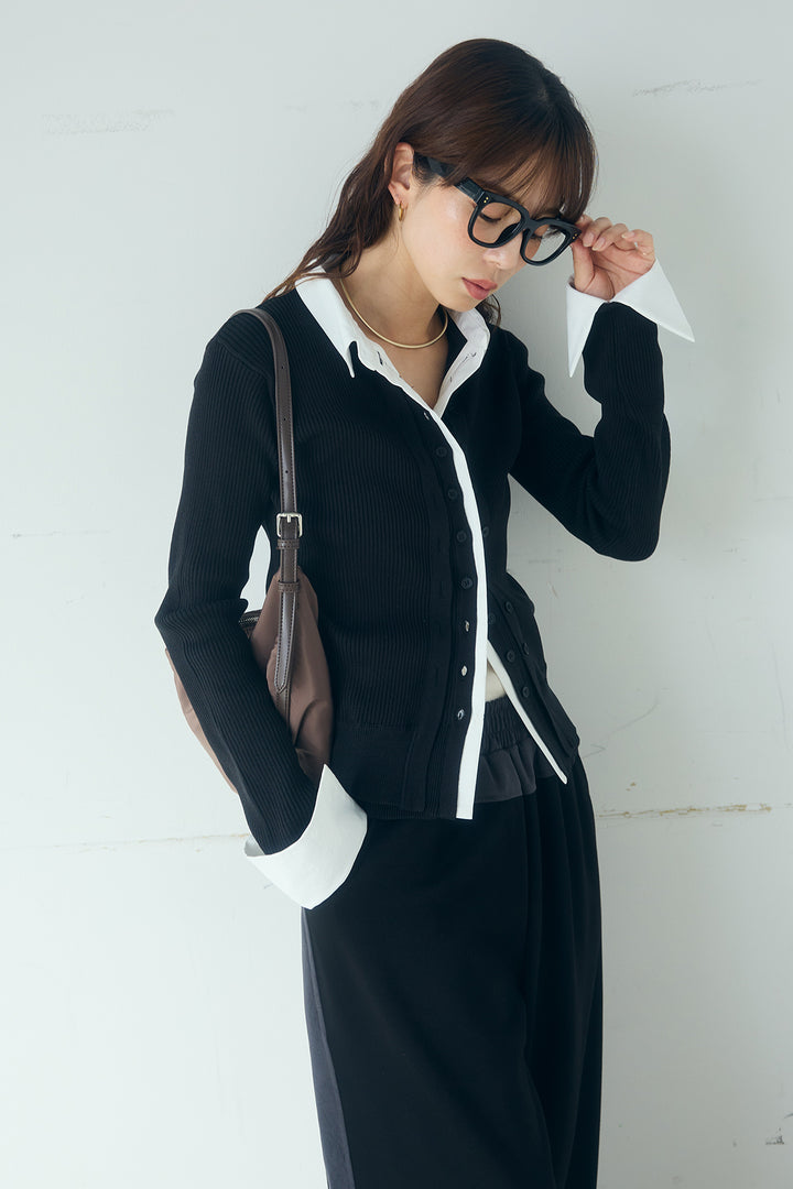 [SET]シャツドッキングボタンニットカーディガン+異素材切り替えスウェットパンツ(2set)