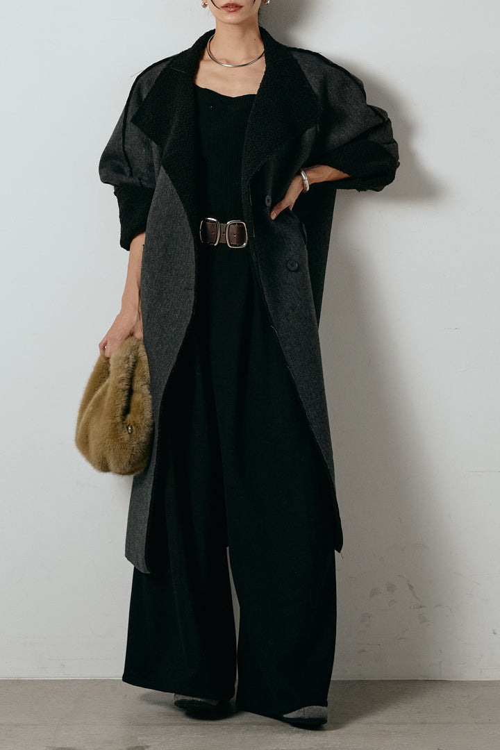 [SET]裏地ボアハイネックロングアウター+フェイクレザー太ベルト付きタックワイドパンツ(2set)