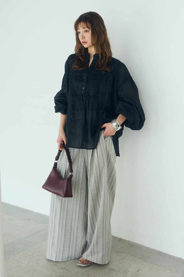 [SET]レース刺繍ラインバンドカラーシャツ+リネンライクピンストライプサイドデザインパンツ(2set)