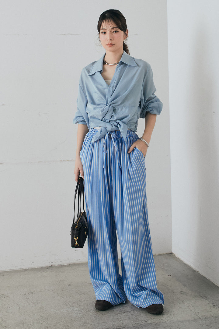 [SET]裾巻きツイストデザインシャツ+レーヨンストライプイージーワイドパンツ(2set)