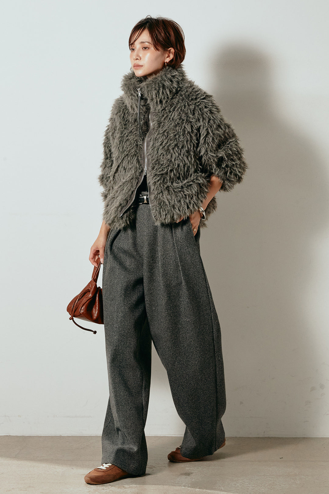 [SET]ミックスシープファースタンドブルゾン+フェイクウールタックトラウザーズパンツ(2set)