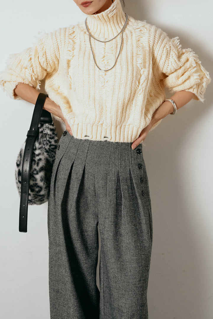 [SET]フリンジタートルショートニット+サイドボタンツイードタックパンツ(2set)