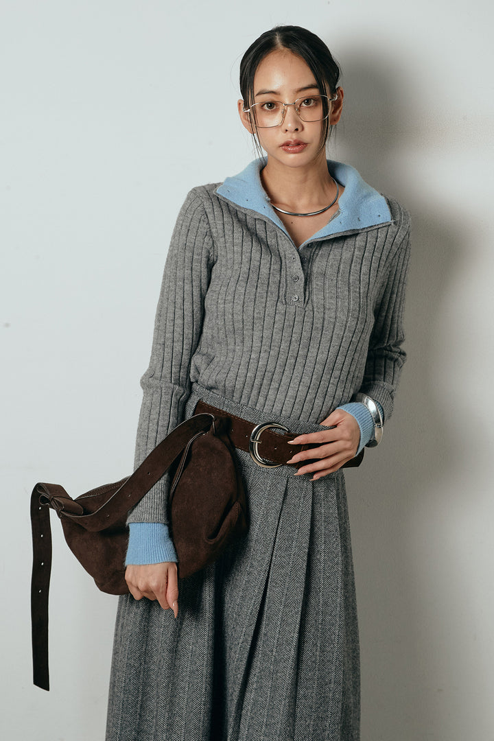 [SET]レイヤード風リブニットトップス+太ベルト付きヘリンボーンプリーツスカート(2set)