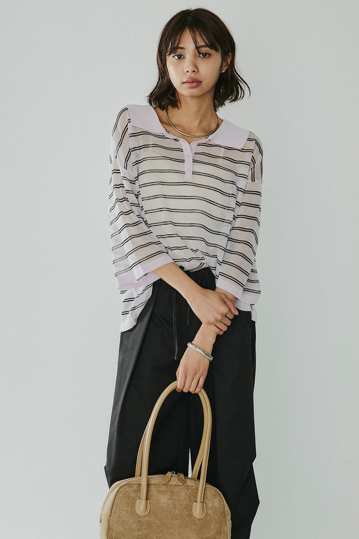 [SET]ボーダーニットポロシャツ+ニーサイドタックウエストドロスパンツ(2set)