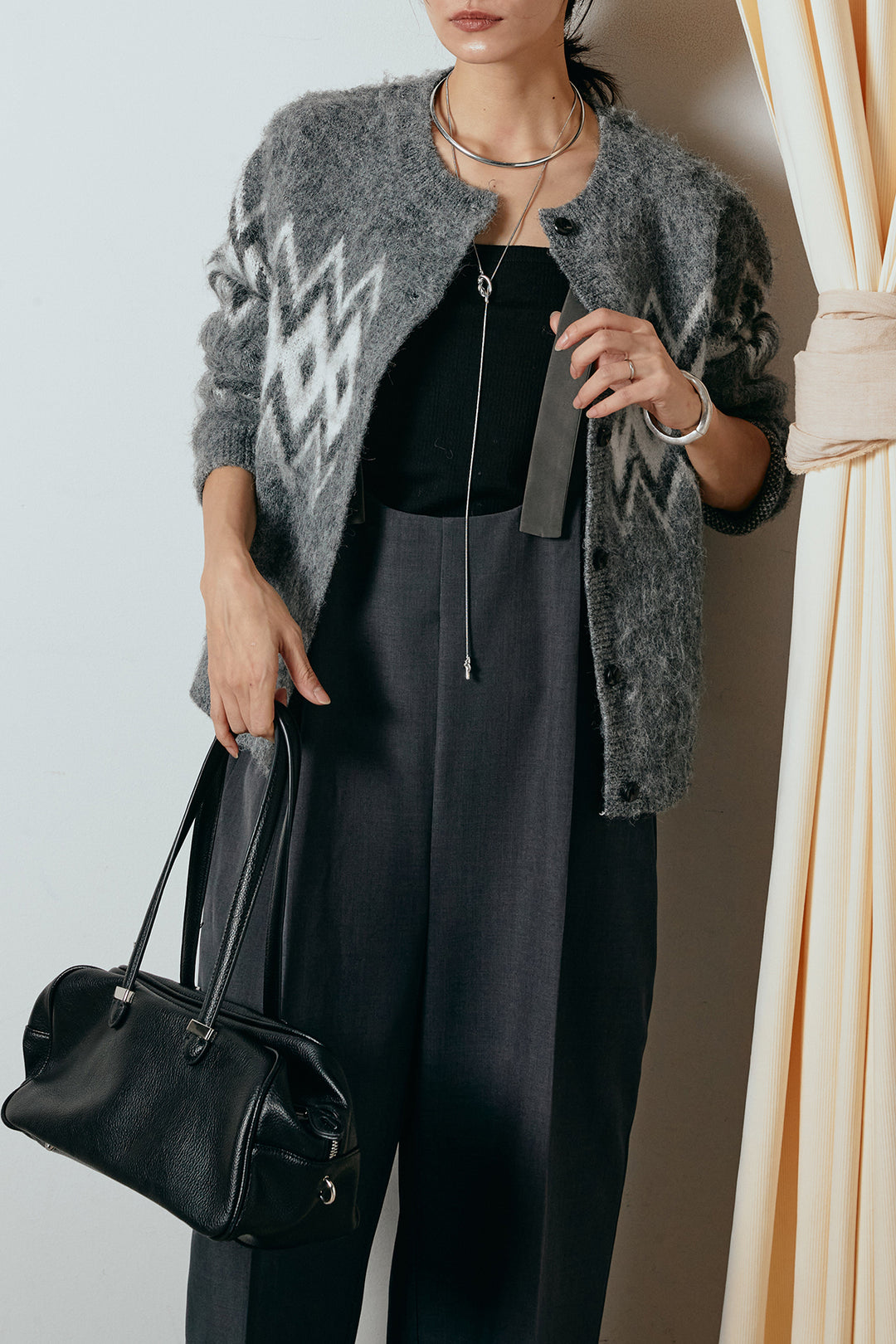 [SET]起毛ノルディック柄ニットカーディガン+ワイドツイルサロペット(2set)