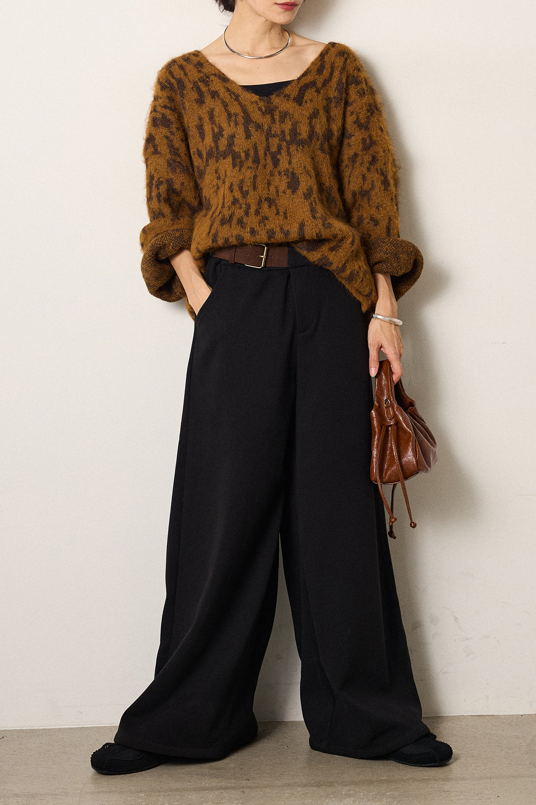 [SET]フラッフィーレオパードシャギーニット+サイドベルトパンツ(2set)