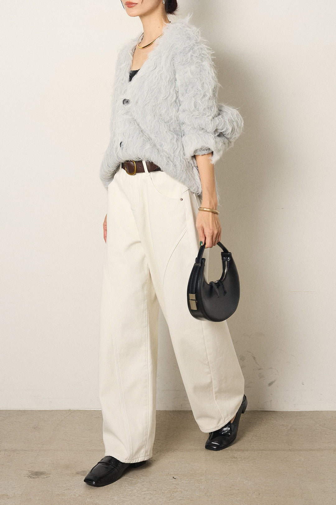 [SET]起毛シャギーニットカーディガン+ベルト付きカジュアルカーブワイドパンツ(2set)