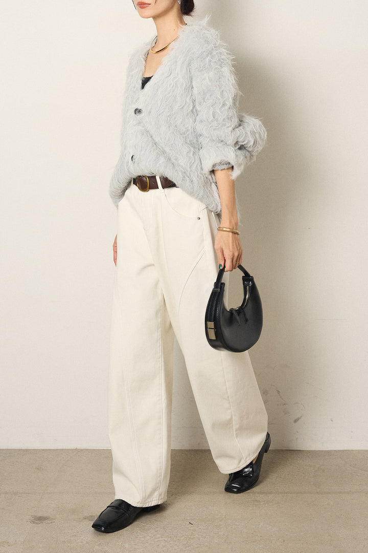 [SET]起毛シャギーニットカーディガン+ベルト付きカジュアルカーブワイドパンツ(2set)