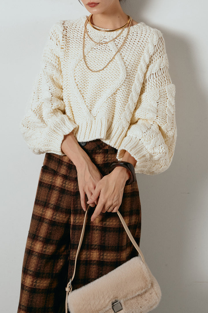 [SET]ロービングケーブルショート丈プルオーバー+ルーズタータンチェックワイドパンツ(2set)