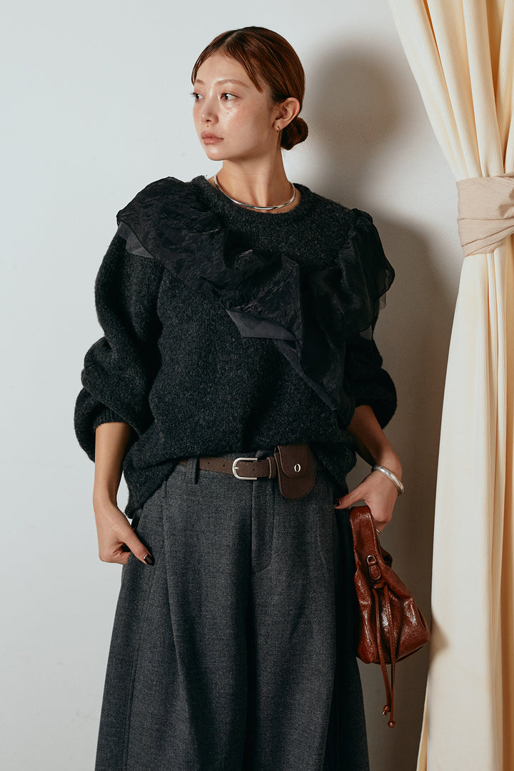 [SET]アシンメトリーフリルニットトップス+ポーチベルト付きカーブパンツ(2set)