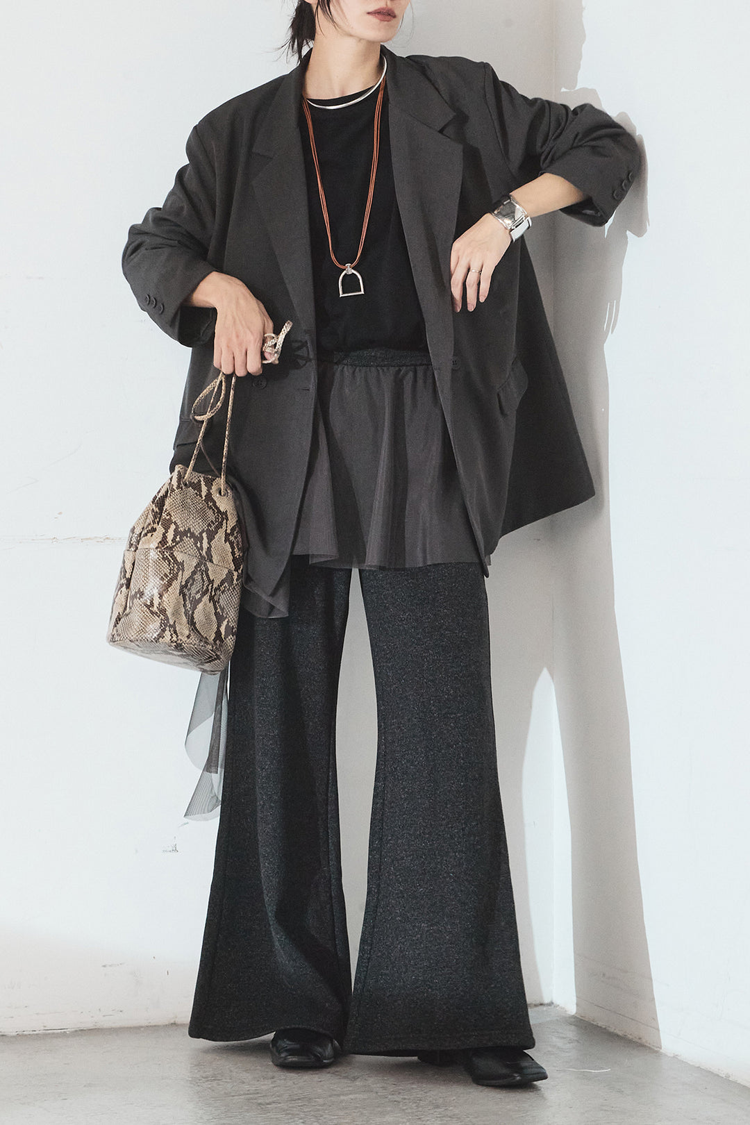 [SET]ルーズシルエットダブルテーラードジャケット+ストレッチロングTシャツ(2set)