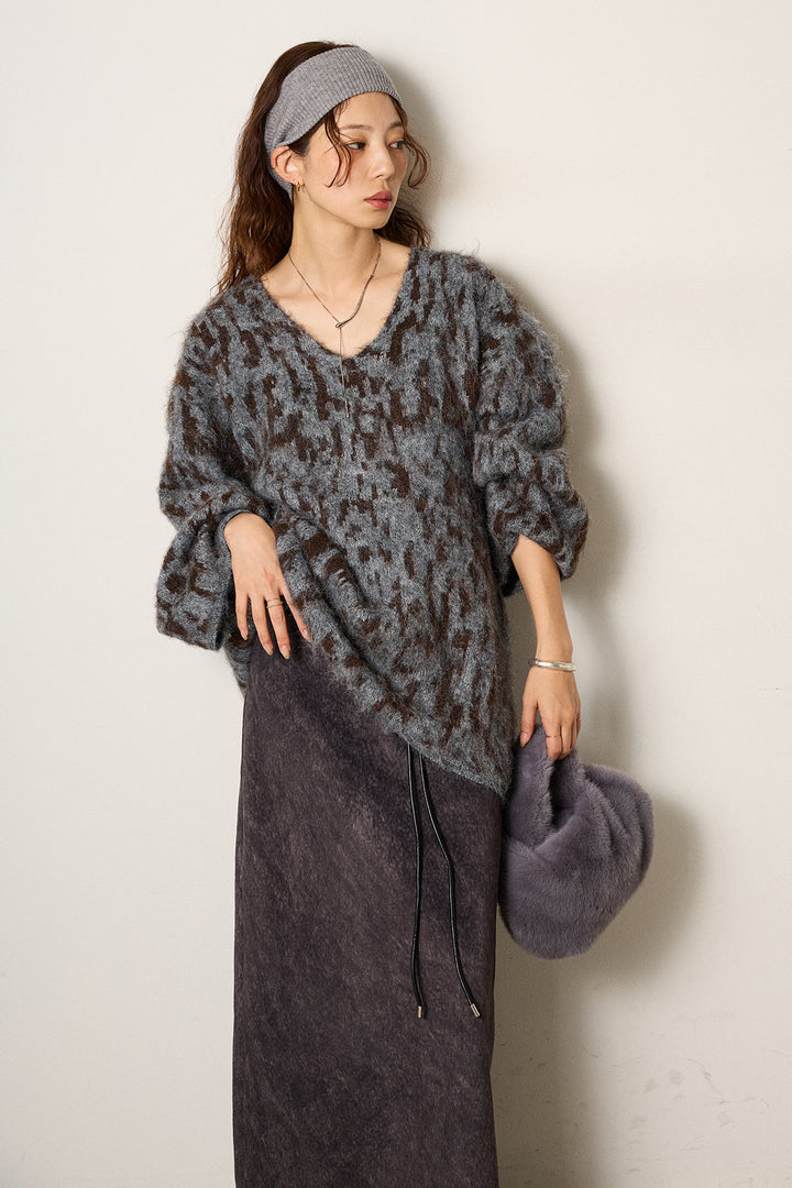 [SET]フラッフィーレオパードシャギーニット+ロープベルト付きスウェード調スカート(2set)