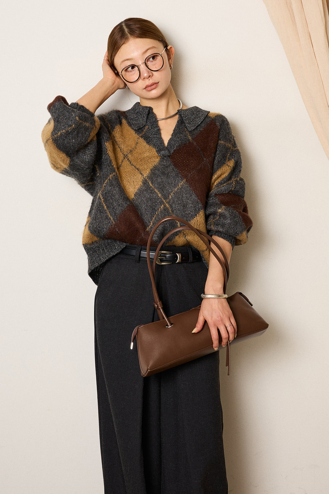 [SET]アクリルモヘアアーガイルキーネックプルオーバー+フロントワイドタックネップ入ワイドパンツ(2set)