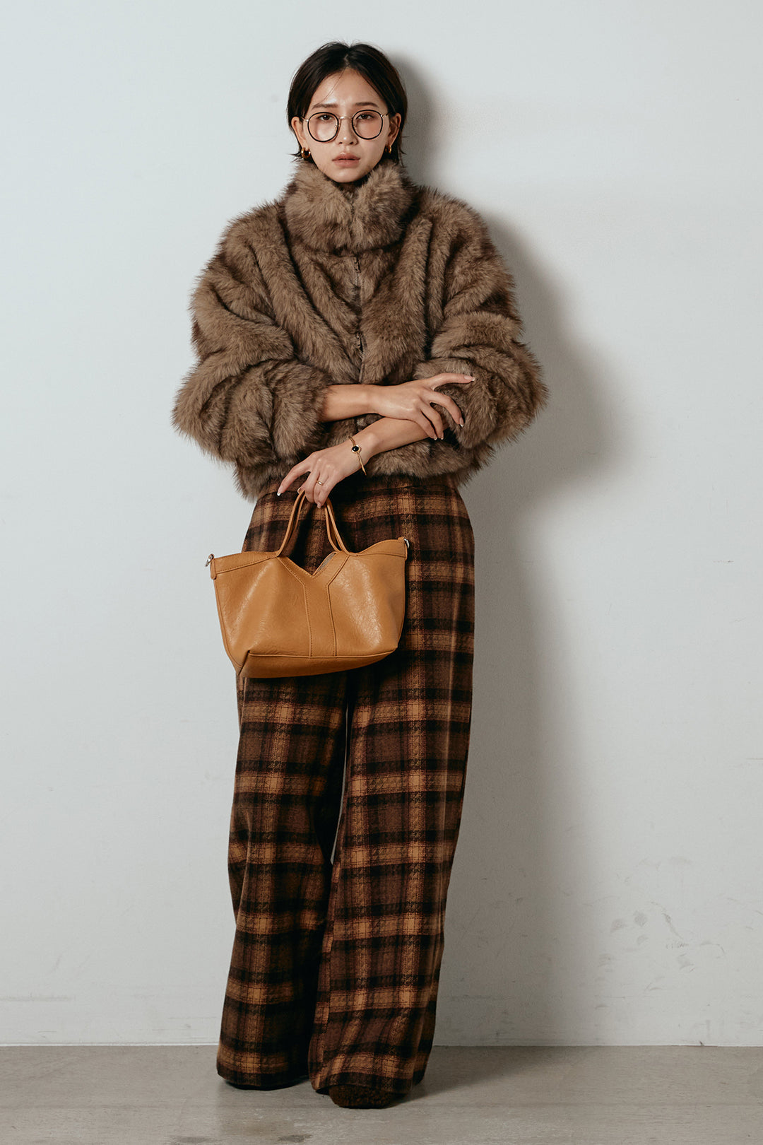 [SET]エコファーショート丈ブルゾン+ルーズタータンチェックワイドパンツ(2set)