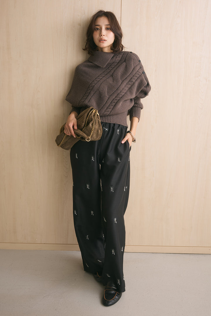 [SET]アシメカラーボタンケーブルニット+総ビーズ刺繍パンツ(2set)