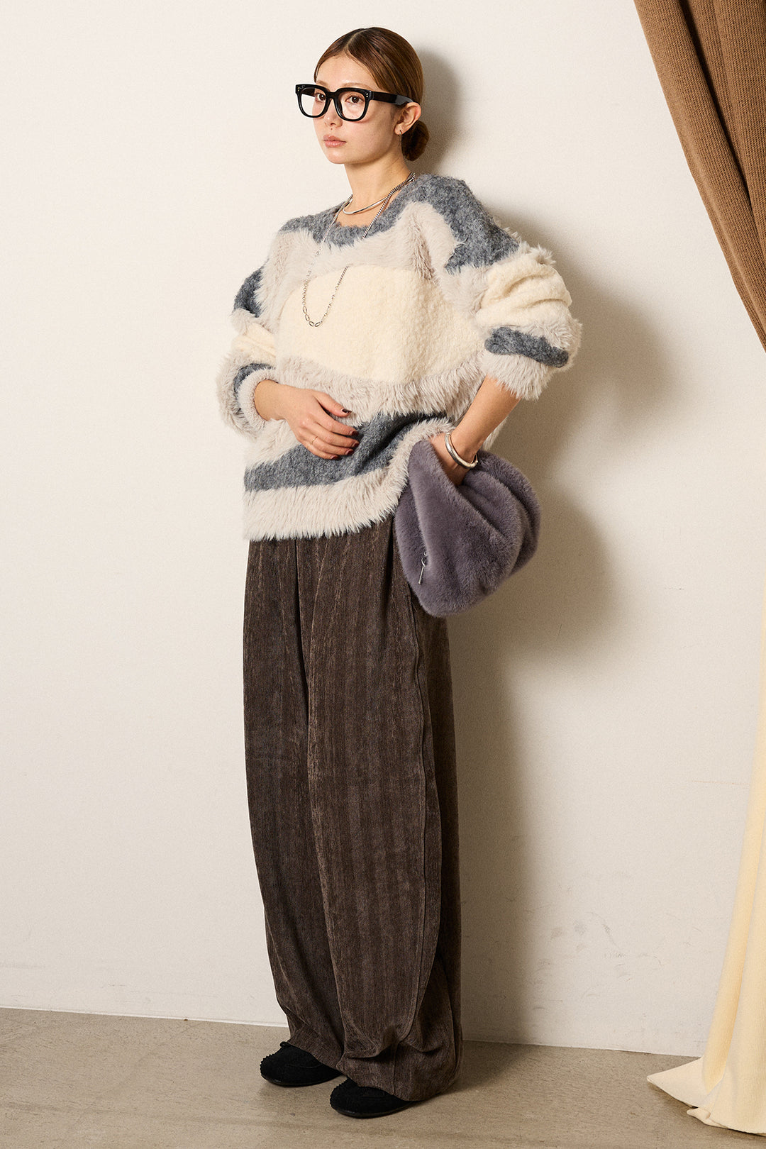 [SET]シャギーウェーブ柄クルーネックニットトップス+かすれデザインワイドパンツ(2set)