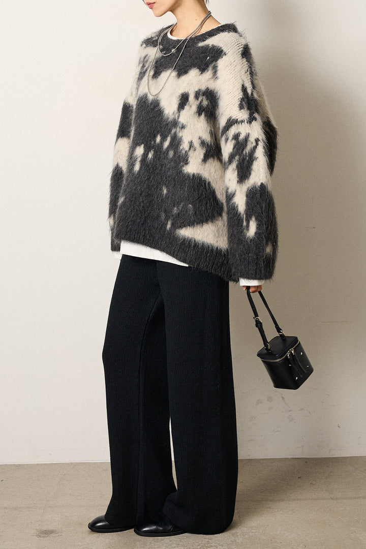 [SET]モヘアタッチマーブルニット+箔プリントBIGシルエットロングスリーブTシャツ+ワイドリブニットイージーパンツ(3set)