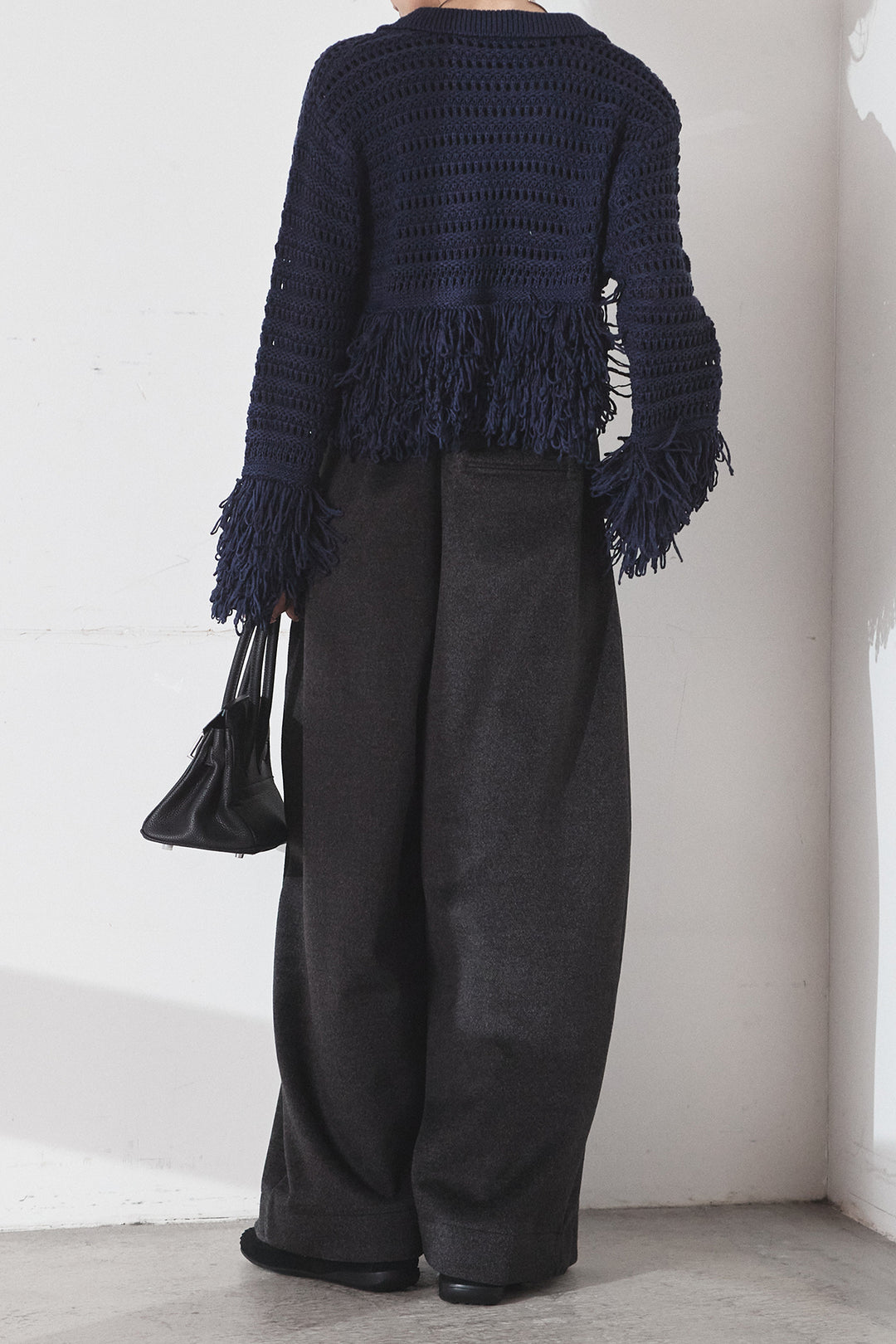 [SET]メッシュフリンジカーディガン+ウールタッチカーブワイドパンツ(2set)