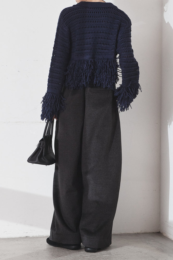 [SET]メッシュフリンジカーディガン+ウールタッチカーブワイドパンツ(2set)