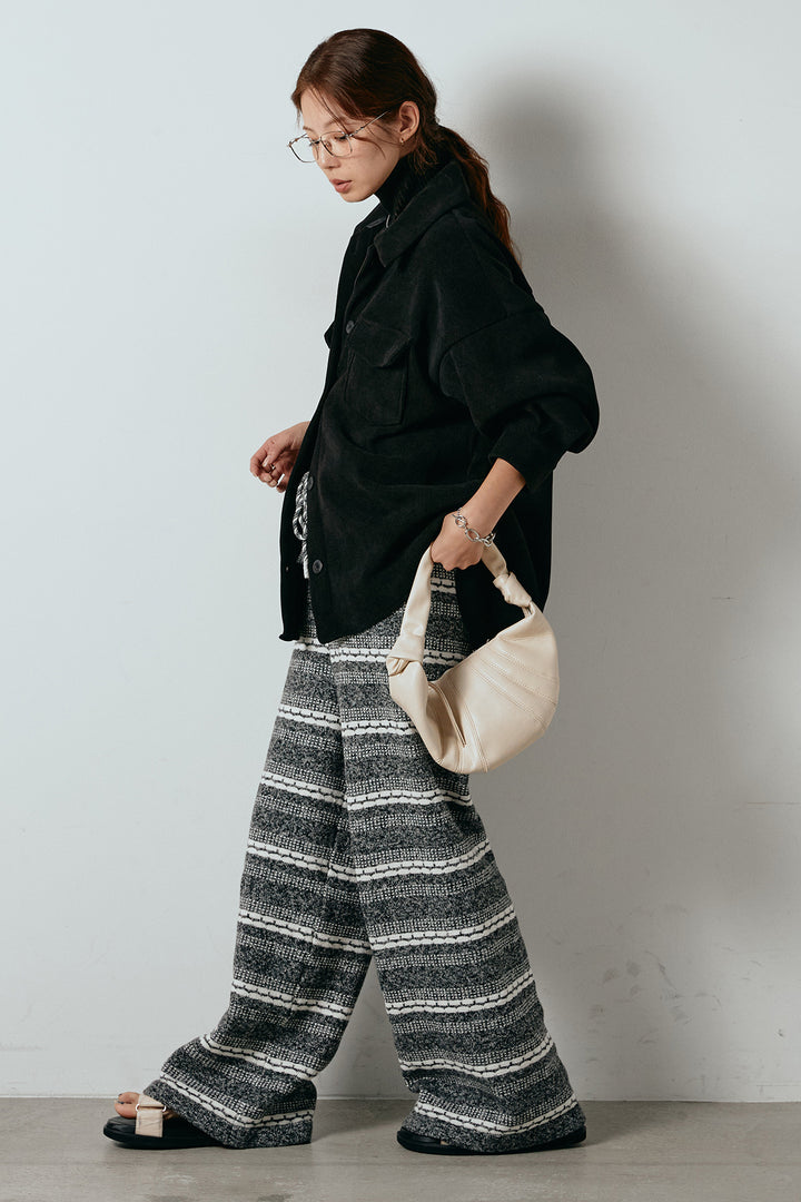 [SET]襟付きコーデュロイポケットシャツ+マルチライン柄リラックスニットパンツ(2set)