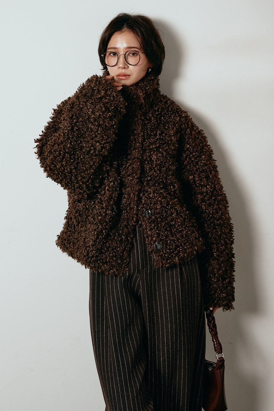 [SET]プードルファーミドルジャケット+ウールライクストライプパンツ(2set)