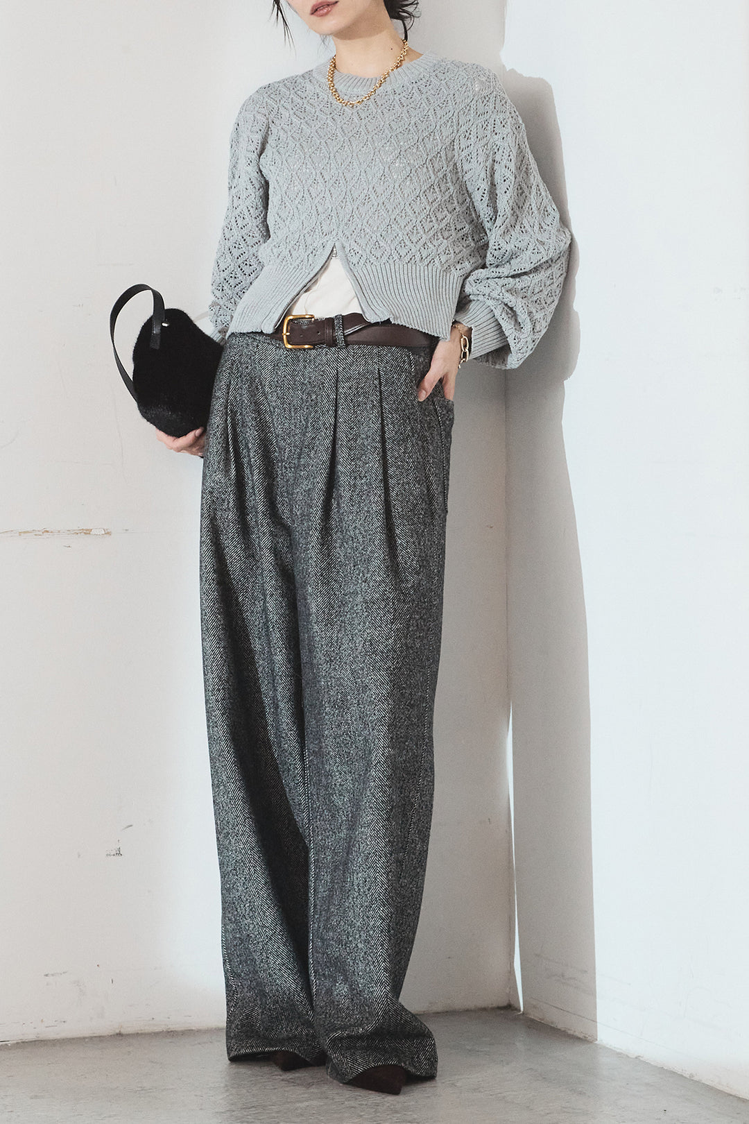 [SET]透かし編みニットジップスリットプルオーバー+タックツイードワイドパンツ(2set)