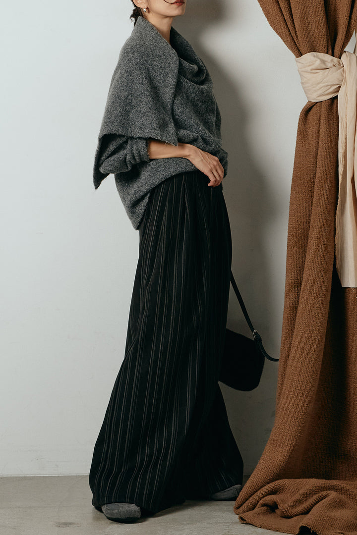 [SET]ネック巻きデザインニットトップス+タック入りマルチストライプ柄ワイドパンツ(2set)