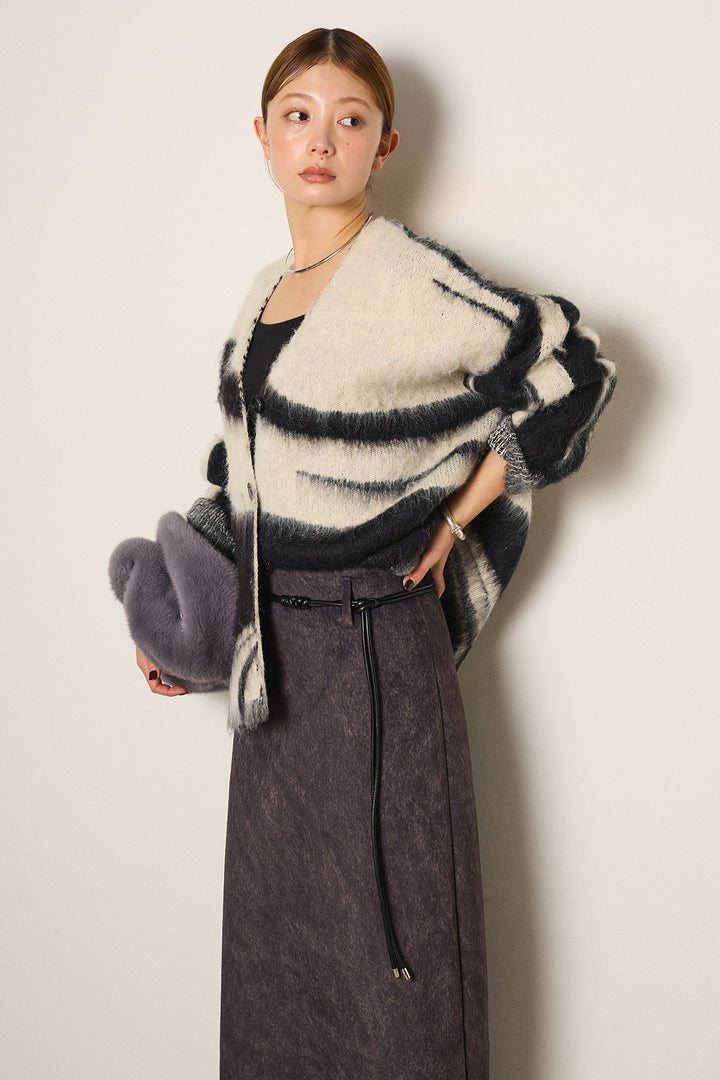 [SET]アクセントブラッシュドカーディガン+ロープベルト付きスウェード調スカート(2set)