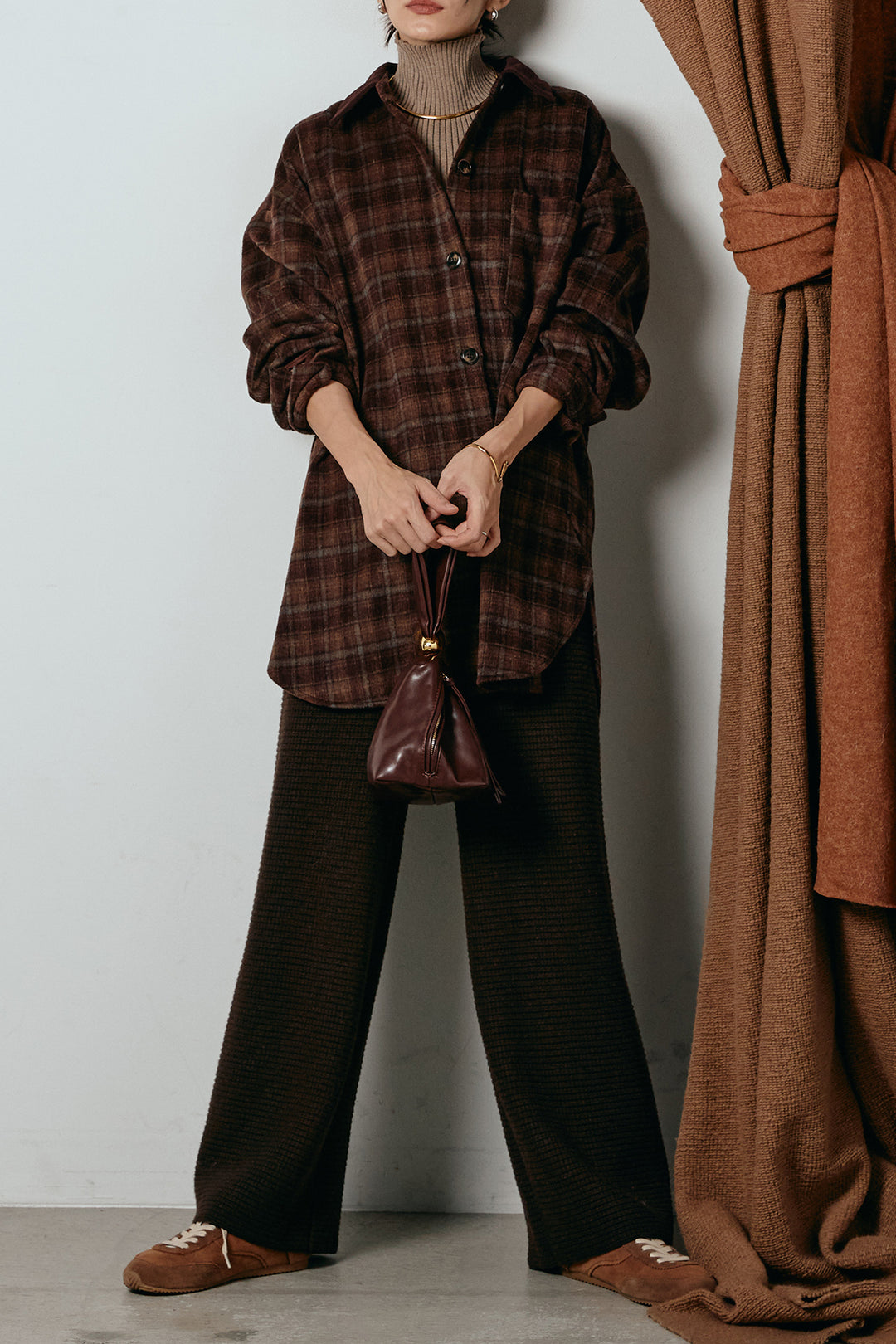 [SET]シャギーチェックシャツジャケット+ワイドリブニットイージーパンツ+リブニットシームレスタートルプルオーバー(3set)