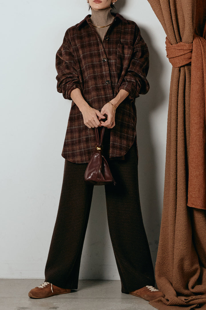 [SET]シャギーチェックシャツジャケット+ワイドリブニットイージーパンツ+リブニットシームレスタートルプルオーバー(3set)